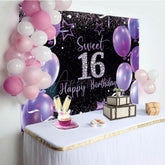 Aperturee - Aperturee Elegant Purple Balloon Sweet 16 Happy Birthday Backdrop